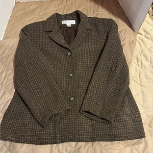 RENA ROWAN BROWN PLAID BLAZER Wool Blend Three Button Jacket Two Front Pockets